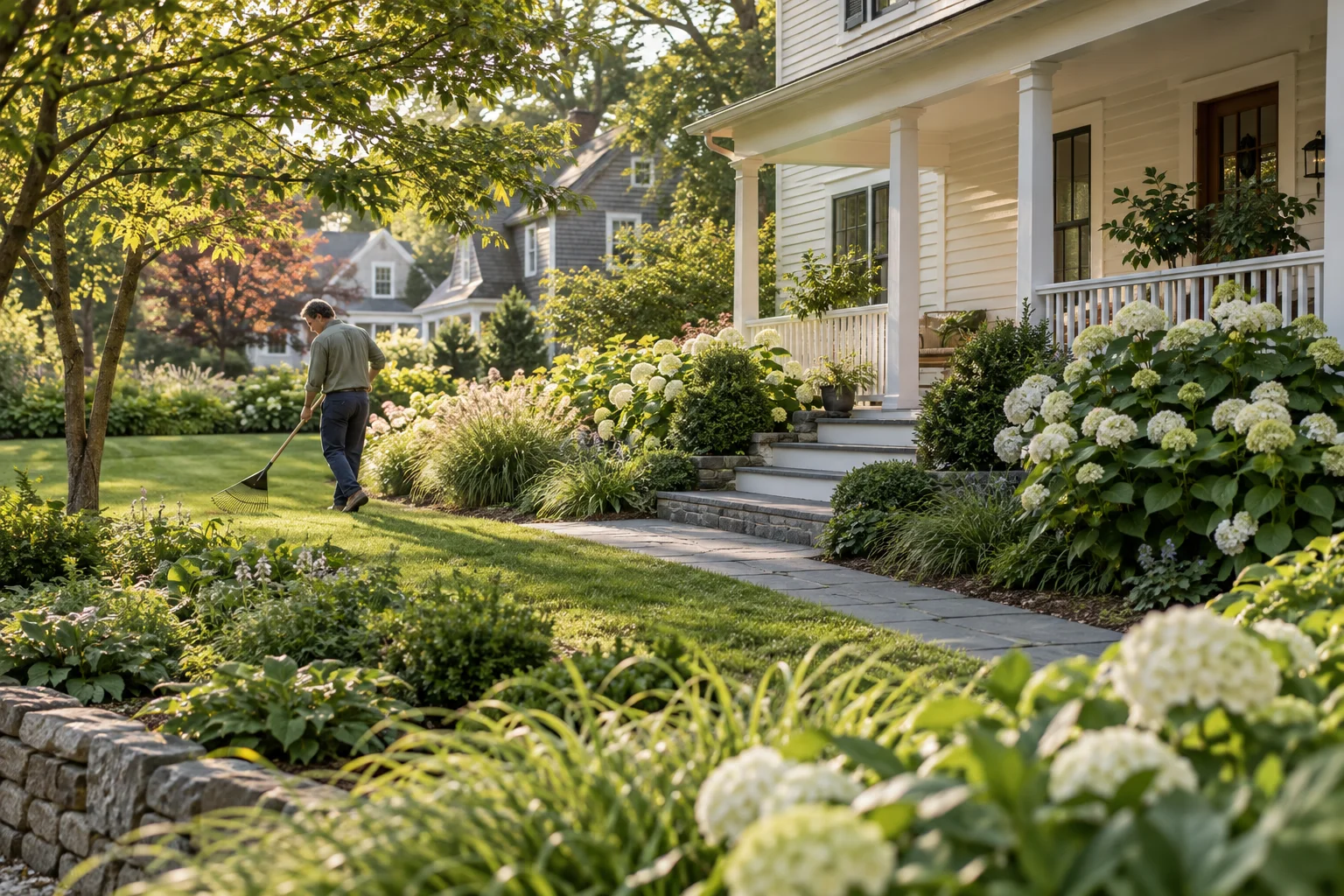 An illustrative scene of a neighbor raking a sunny front lawn beside a welcoming porch and garden.